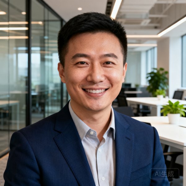 绿茵直播创始人张磊的团队头像照片，身穿深蓝色西装搭配浅色衬衫，面带微笑，背景为现代化开放式办公空间