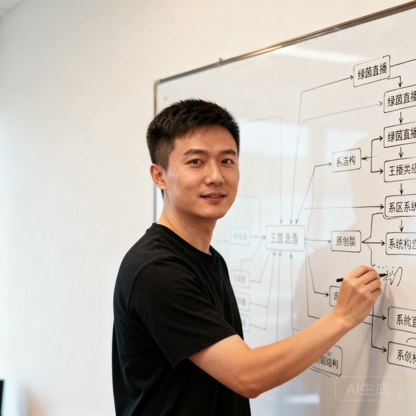 绿茵直播联合创始人王浩的团队头像照片，短发干练，身穿黑色T恤，站在白板前绘制系统架构图